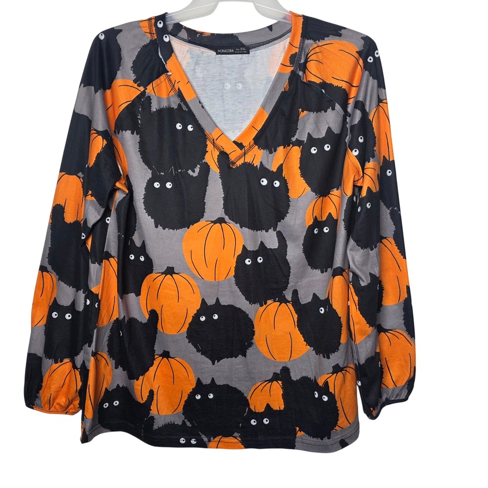 Noracora Halloween Black Cat Pumpkin V-Neck Top XXL Long Sleeve Fall Festive